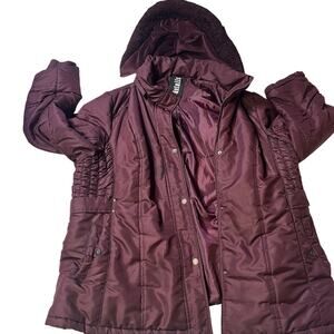 Intl Details Burgundy Puffer Zip Coat Double Layer Faux Fur Hoodie Jacket 3XL